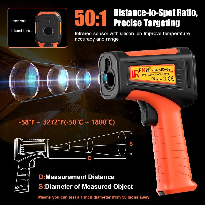 FKM 50:1-58°F ~3272°F Infrared Thermometer High Temperature Gun,Non Contact Digital IR Temp Gun,High Precision Laser Thermometer Gun for Cooking,Kilns,Forges,Engine,HVAC,Industrial and Home Repair - Image 3